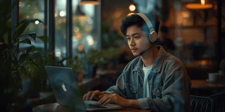 anak muda freelancer bekerja di kafe modern dengan laptop