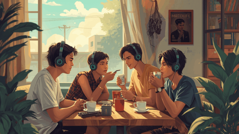 Anak muda Indonesia mendengarkan musik hits di kafe modern saat senja sambil menikmati kopi, menggambarkan tren musik hits 2025 yang viral di sosial media.