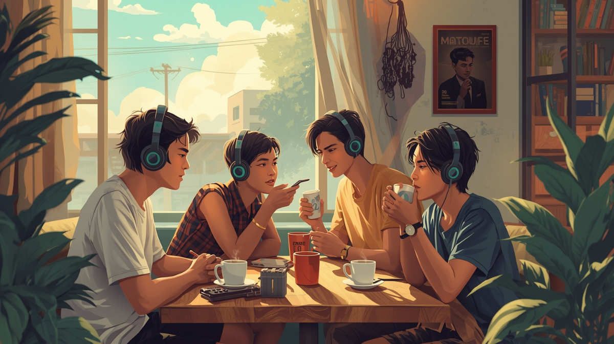Anak muda Indonesia mendengarkan musik hits di kafe modern saat senja sambil menikmati kopi, menggambarkan tren musik hits 2025 yang viral di sosial media.