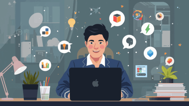 Seorang profesional muda bekerja santai di depan laptop dengan ikon aplikasi produktivitas seperti Notion, Trello, Todoist, Clockify, dan Evernote yang melayang di sekelilingnya dalam suasana hangat dan fokus.