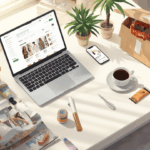 meja kerja bisnis online dengan laptop, produk fashion, skincare, makanan ringan, dan kemasan pengiriman