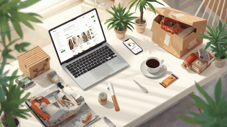 meja kerja bisnis online dengan laptop, produk fashion, skincare, makanan ringan, dan kemasan pengiriman