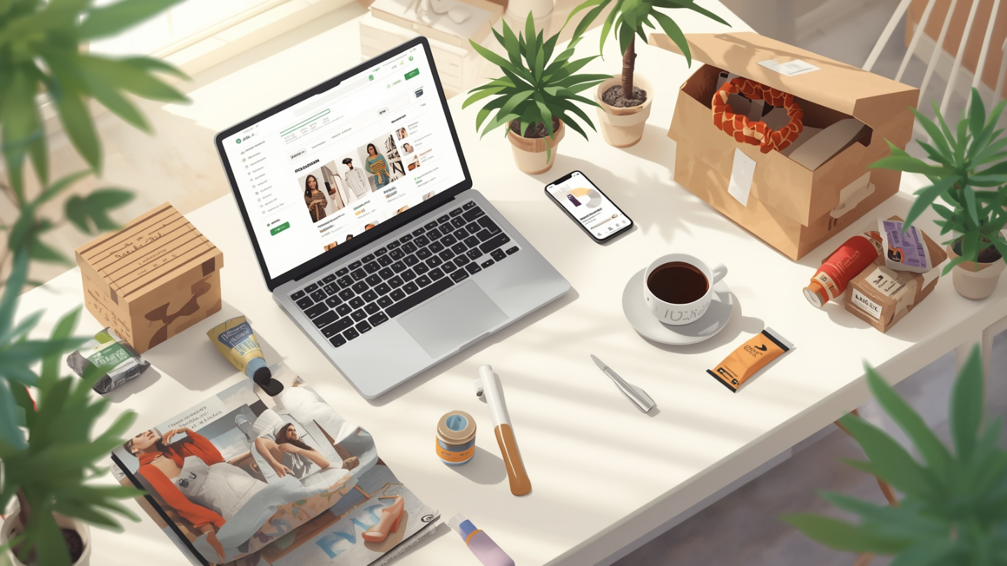 meja kerja bisnis online dengan laptop, produk fashion, skincare, makanan ringan, dan kemasan pengiriman