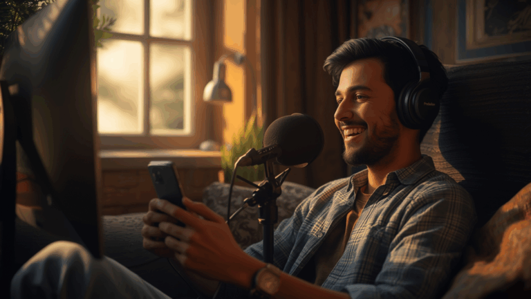Streamer pemula sedang siaran langsung di kamar sederhana menggunakan smartphone dan mikrofon murah.