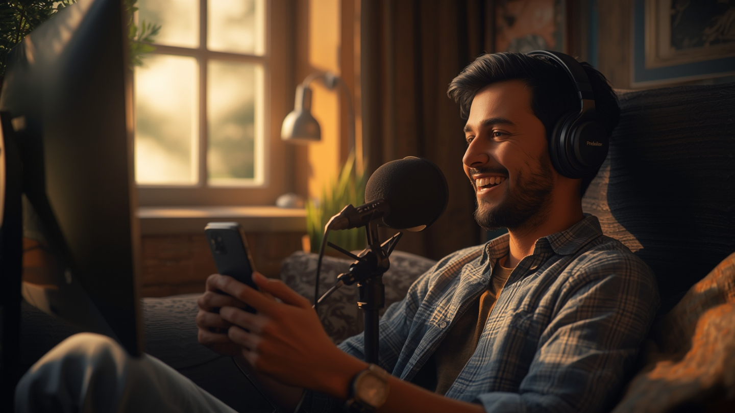 Streamer pemula sedang siaran langsung di kamar sederhana menggunakan smartphone dan mikrofon murah.