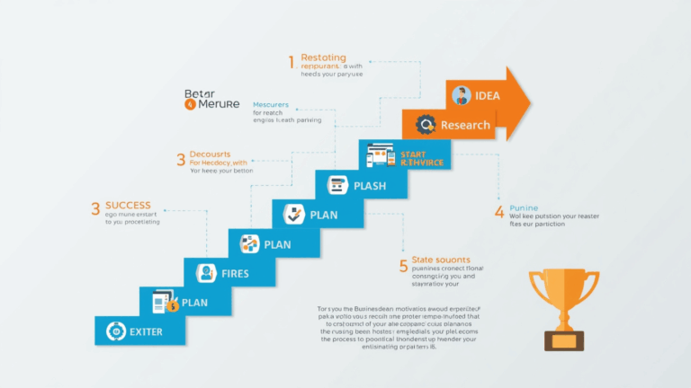 Ilustrasi tangga bisnis bertuliskan Idea, Research, Plan, Execute, Success.