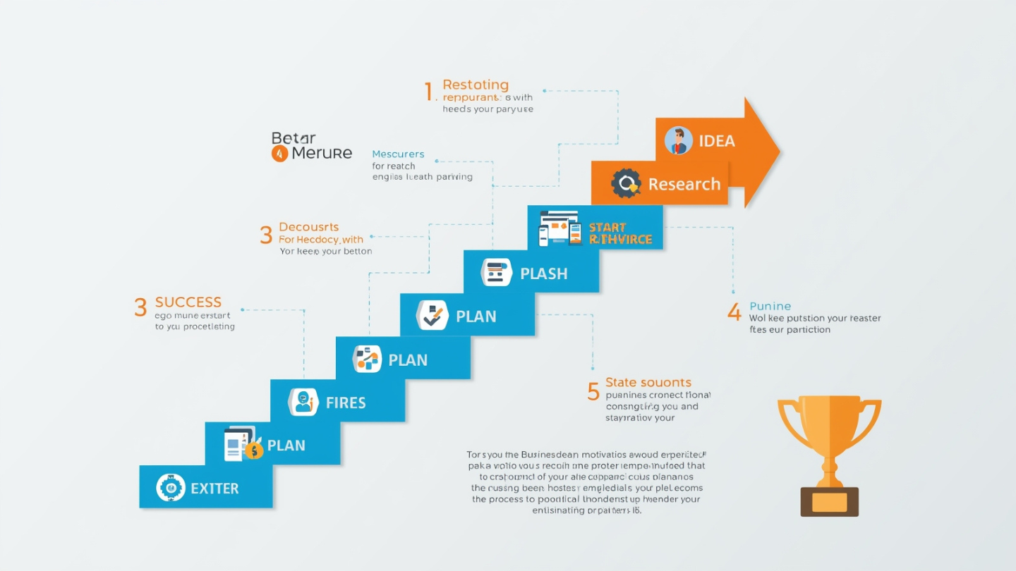 Ilustrasi tangga bisnis bertuliskan Idea, Research, Plan, Execute, Success.
