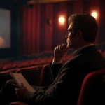 Kritikus film sedang menonton di bioskop dengan cahaya layar memantul di wajahnya.