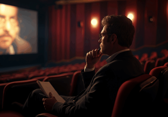Kritikus film sedang menonton di bioskop dengan cahaya layar memantul di wajahnya.