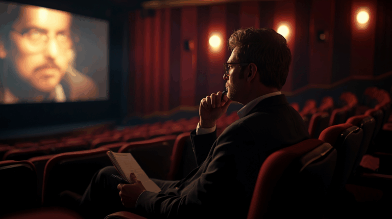 Kritikus film sedang menonton di bioskop dengan cahaya layar memantul di wajahnya.