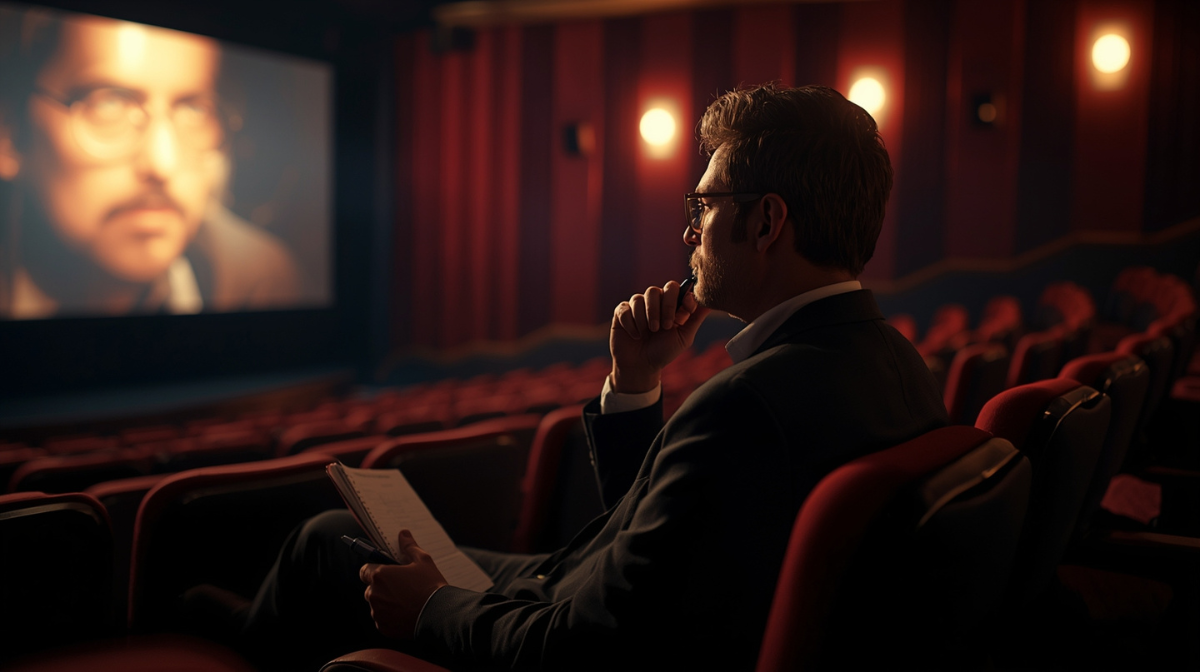 Kritikus film sedang menonton di bioskop dengan cahaya layar memantul di wajahnya.