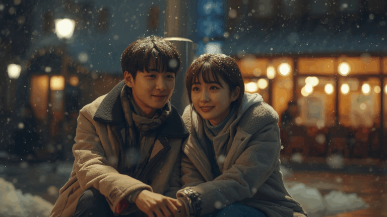 Pasangan muda Korea duduk di bawah lampu jalan malam dengan suasana hangat dan melankolis, menggambarkan adegan baper dari drama Korea romantis.
