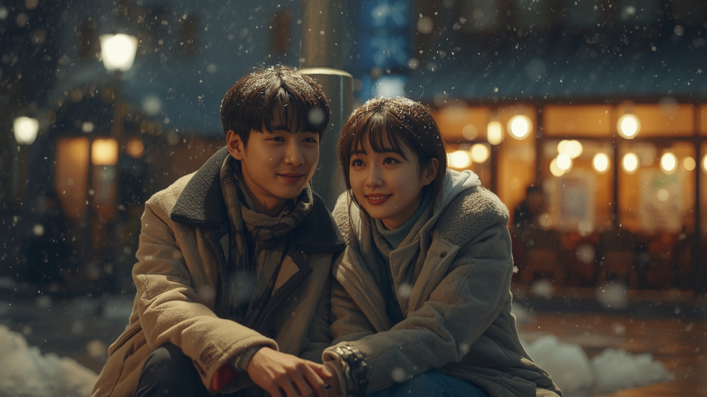 Pasangan muda Korea duduk di bawah lampu jalan malam dengan suasana hangat dan melankolis, menggambarkan adegan baper dari drama Korea romantis.