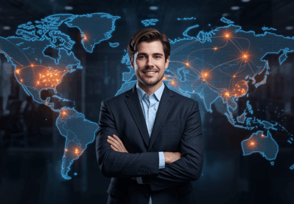 Pengusaha muda berdiri di depan peta digital dunia dengan garis koneksi yang menggambarkan ekspansi bisnis global.
