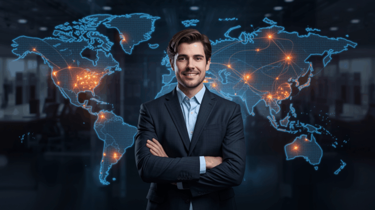 Pengusaha muda berdiri di depan peta digital dunia dengan garis koneksi yang menggambarkan ekspansi bisnis global.