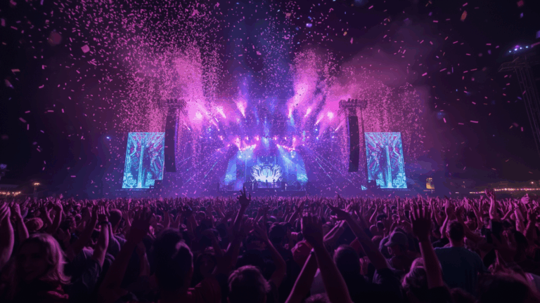 Ribuan penonton menikmati festival musik malam hari dengan cahaya panggung berwarna ungu dan biru, menciptakan suasana euforia dan kebersamaan yang penuh energi.