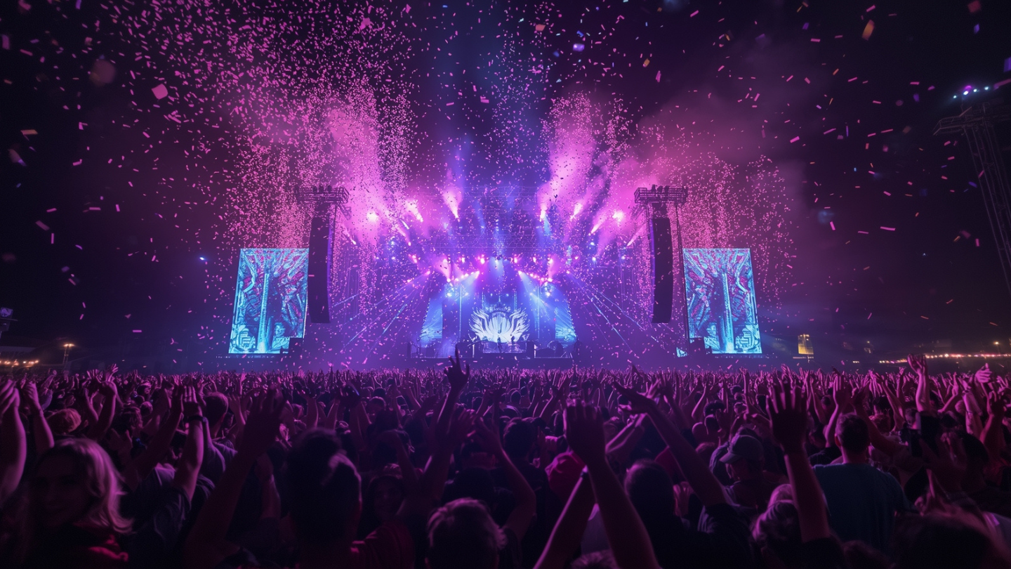 Ribuan penonton menikmati festival musik malam hari dengan cahaya panggung berwarna ungu dan biru, menciptakan suasana euforia dan kebersamaan yang penuh energi.