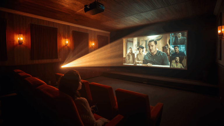 ruang bioskop vintage dengan cahaya proyektor hangat dan penonton terpukau