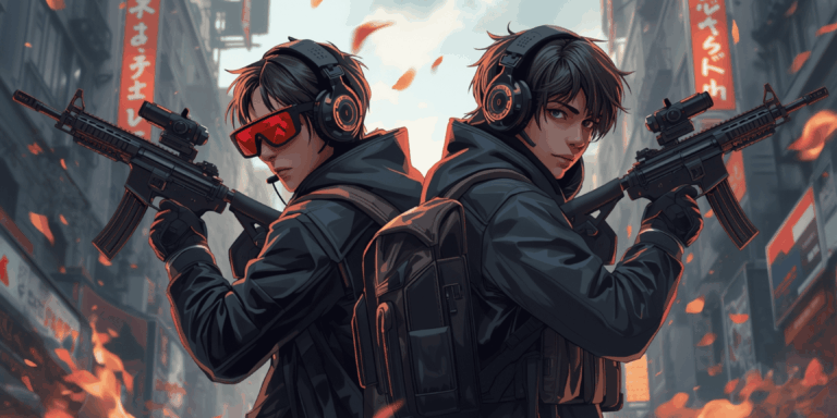 Dua pemain fokus menembak dalam game battle royale di latar urban penuh aksi dan asap pertempuran.