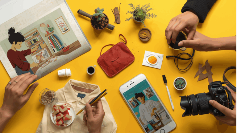 Kolase ide usaha kreatif modal kecil seperti jualan makanan, desain digital, thrift shop, dan tanaman hias mini.