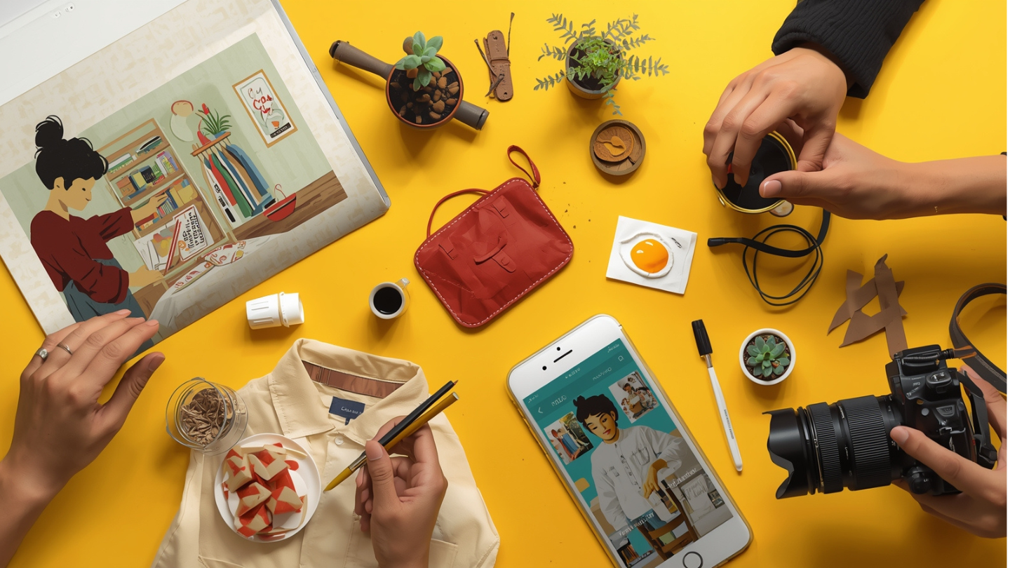 Kolase ide usaha kreatif modal kecil seperti jualan makanan, desain digital, thrift shop, dan tanaman hias mini.