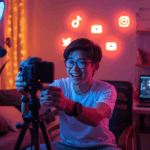 Konten kreator Indonesia sedang merekam video hiburan di studio modern dengan pencahayaan LED dan ikon media sosial di latar belakang.