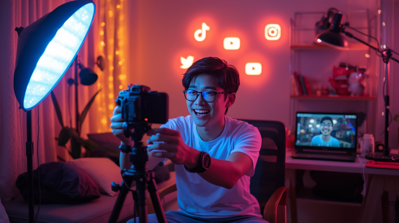 Konten kreator Indonesia sedang merekam video hiburan di studio modern dengan pencahayaan LED dan ikon media sosial di latar belakang.