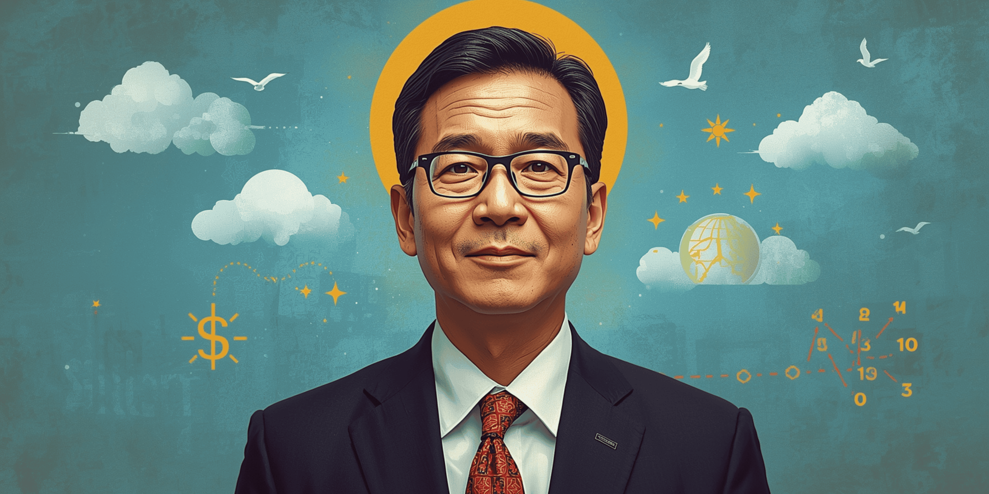 Pengusaha tenang berdiri di tengah badai dengan cahaya harapan dan simbol pertumbuhan bisnis di sekelilingnya.