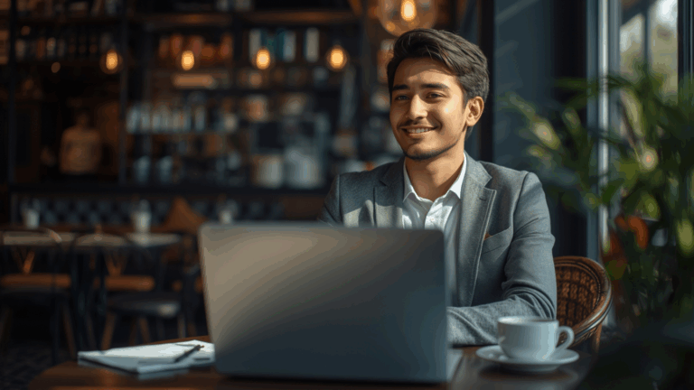 Pengusaha muda bekerja di kafe dengan laptop dan secangkir kopi, menunjukkan mindset pengusaha sukses.