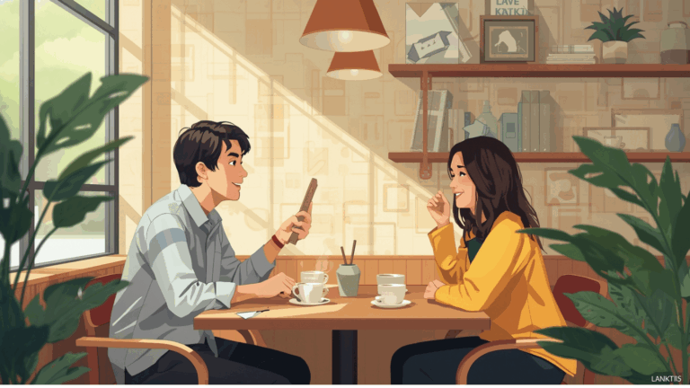 Pemilik bisnis berbincang hangat dengan pelanggan di kafe modern.