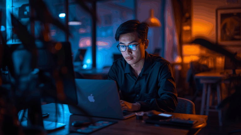 Pebisnis muda Indonesia bekerja di ruang kerja modern dengan laptop dan smartphone.