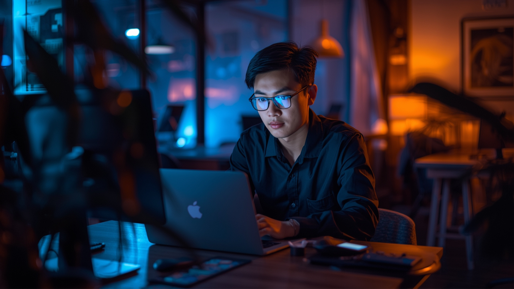 Pebisnis muda Indonesia bekerja di ruang kerja modern dengan laptop dan smartphone.
