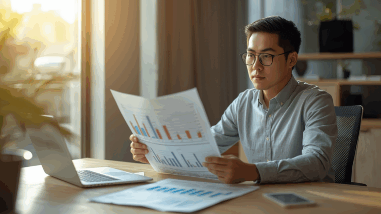 Pengusaha muda membaca rencana bisnis di meja kerja modern dengan laptop dan grafik keuangan.