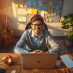 Pengusaha muda menyusun strategi bisnis di meja kerja dengan laptop dan papan ide warna-warni di belakangnya.