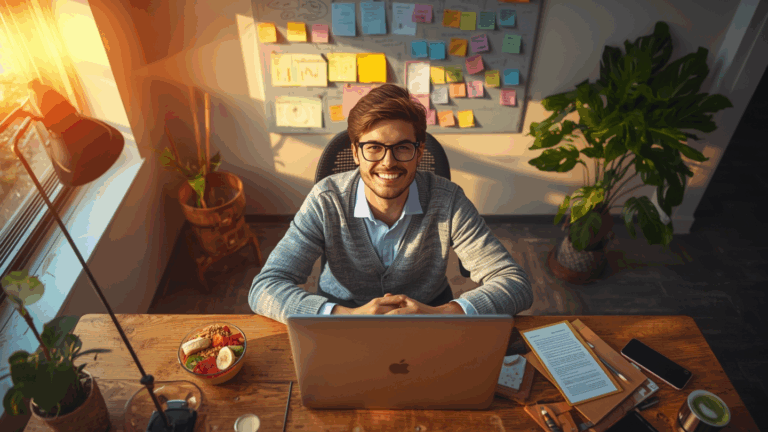 Pengusaha muda menyusun strategi bisnis di meja kerja dengan laptop dan papan ide warna-warni di belakangnya.