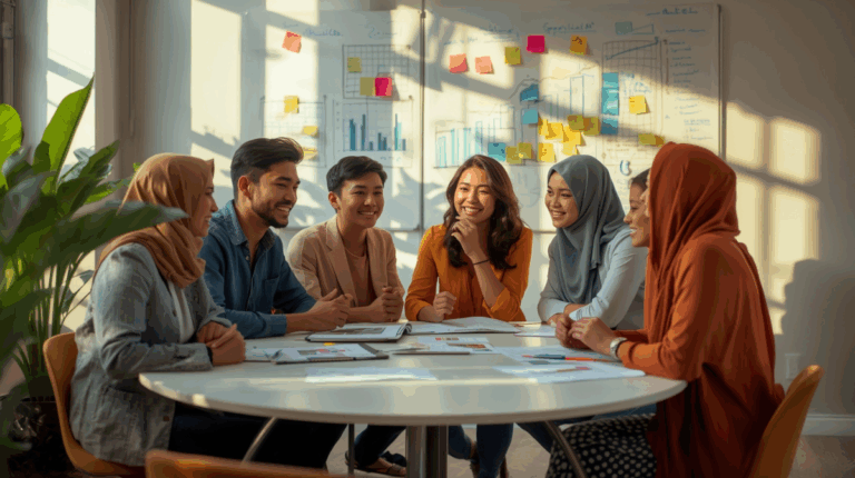 Sekelompok pengusaha muda Indonesia berdiskusi penuh semangat di ruang kerja bersama dengan papan ide di latar belakang.