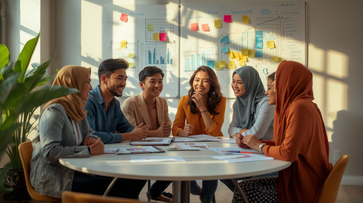 Sekelompok pengusaha muda Indonesia berdiskusi penuh semangat di ruang kerja bersama dengan papan ide di latar belakang.