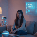 Wanita Indonesia duduk di ruang tamu pintar modern dengan perangkat IoT futuristik dan tampilan hologram.