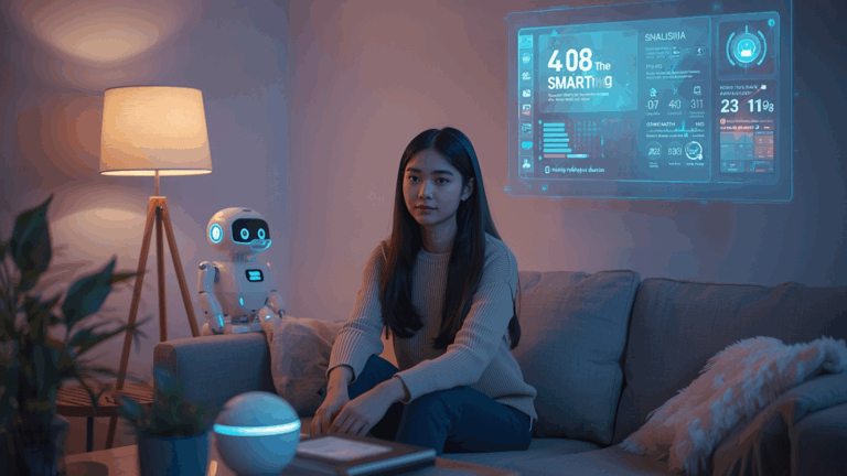 Wanita Indonesia duduk di ruang tamu pintar modern dengan perangkat IoT futuristik dan tampilan hologram.