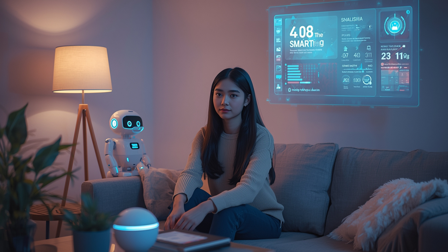 Wanita Indonesia duduk di ruang tamu pintar modern dengan perangkat IoT futuristik dan tampilan hologram.
