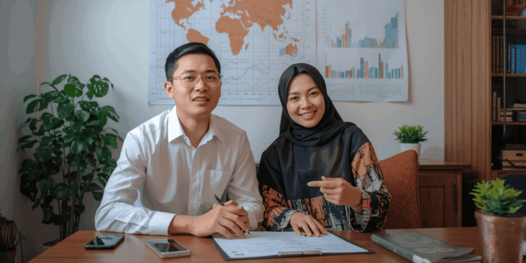 Pengusaha muda berdiskusi strategi di kantor modern dengan grafik pertumbuhan bisnis di papan tulis.