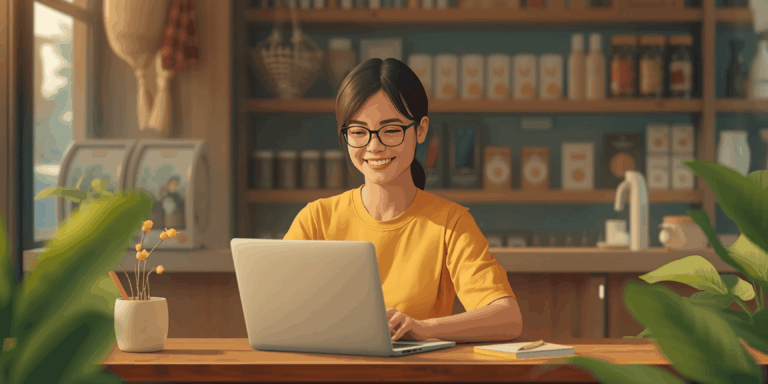 Pemilik usaha mikro Indonesia sedang memeriksa pesanan online di laptop di depan toko kecilnya.