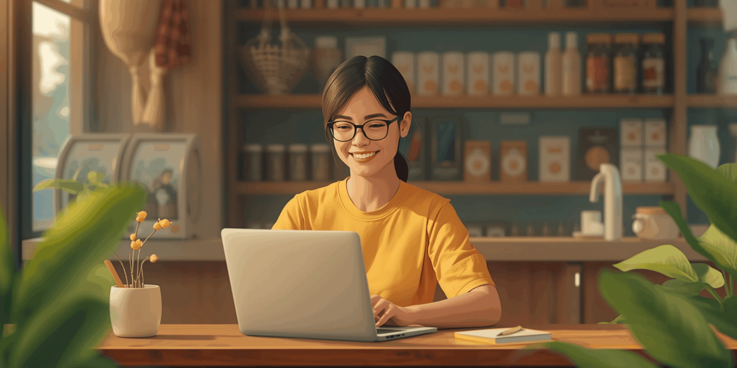 Pemilik usaha mikro Indonesia sedang memeriksa pesanan online di laptop di depan toko kecilnya.