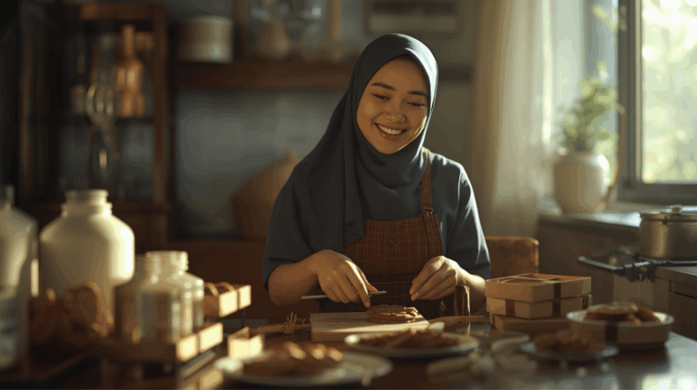 Wanita Indonesia mengemas kue rumahan di dapur dengan cahaya alami