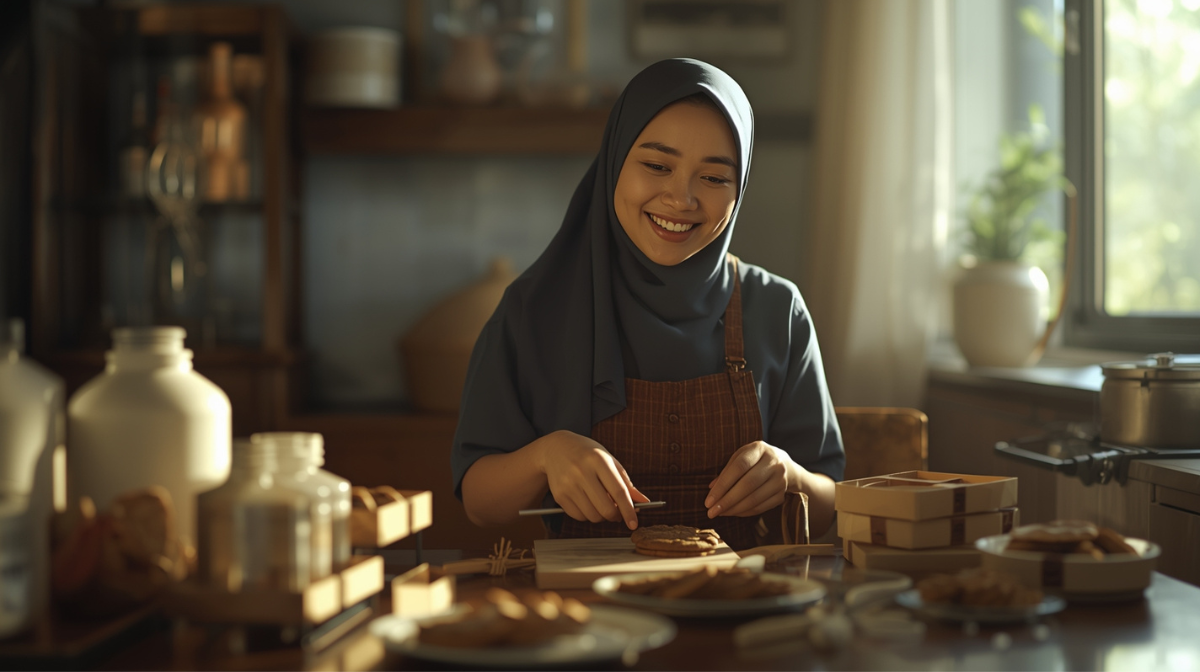 Wanita Indonesia mengemas kue rumahan di dapur dengan cahaya alami