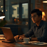 Karyawan kantoran bekerja malam hari di depan laptop mengelola usaha sampingan dengan suasana hangat dan fokus.
