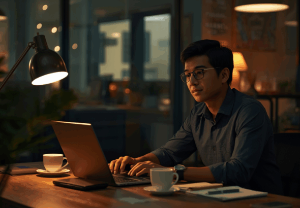 Karyawan kantoran bekerja malam hari di depan laptop mengelola usaha sampingan dengan suasana hangat dan fokus.