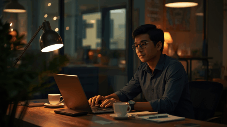 Karyawan kantoran bekerja malam hari di depan laptop mengelola usaha sampingan dengan suasana hangat dan fokus.