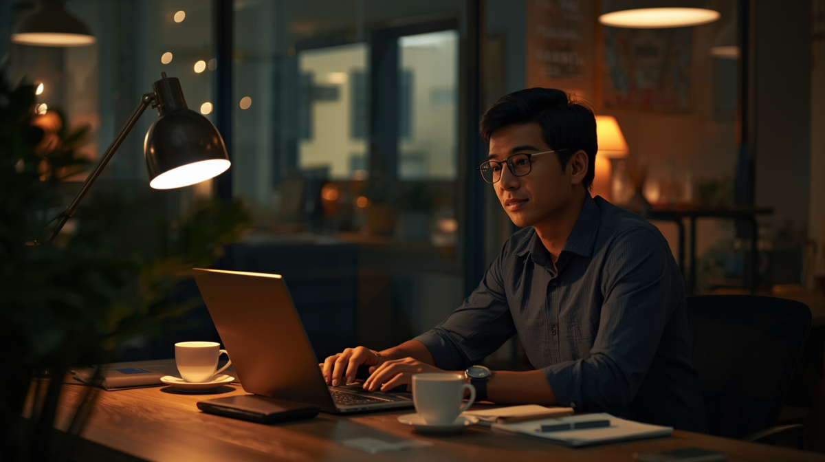 Karyawan kantoran bekerja malam hari di depan laptop mengelola usaha sampingan dengan suasana hangat dan fokus.