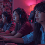 Empat gamer muda Indonesia bermain game online multiplayer bersama di ruangan gaming dengan lampu neon biru dan merah.